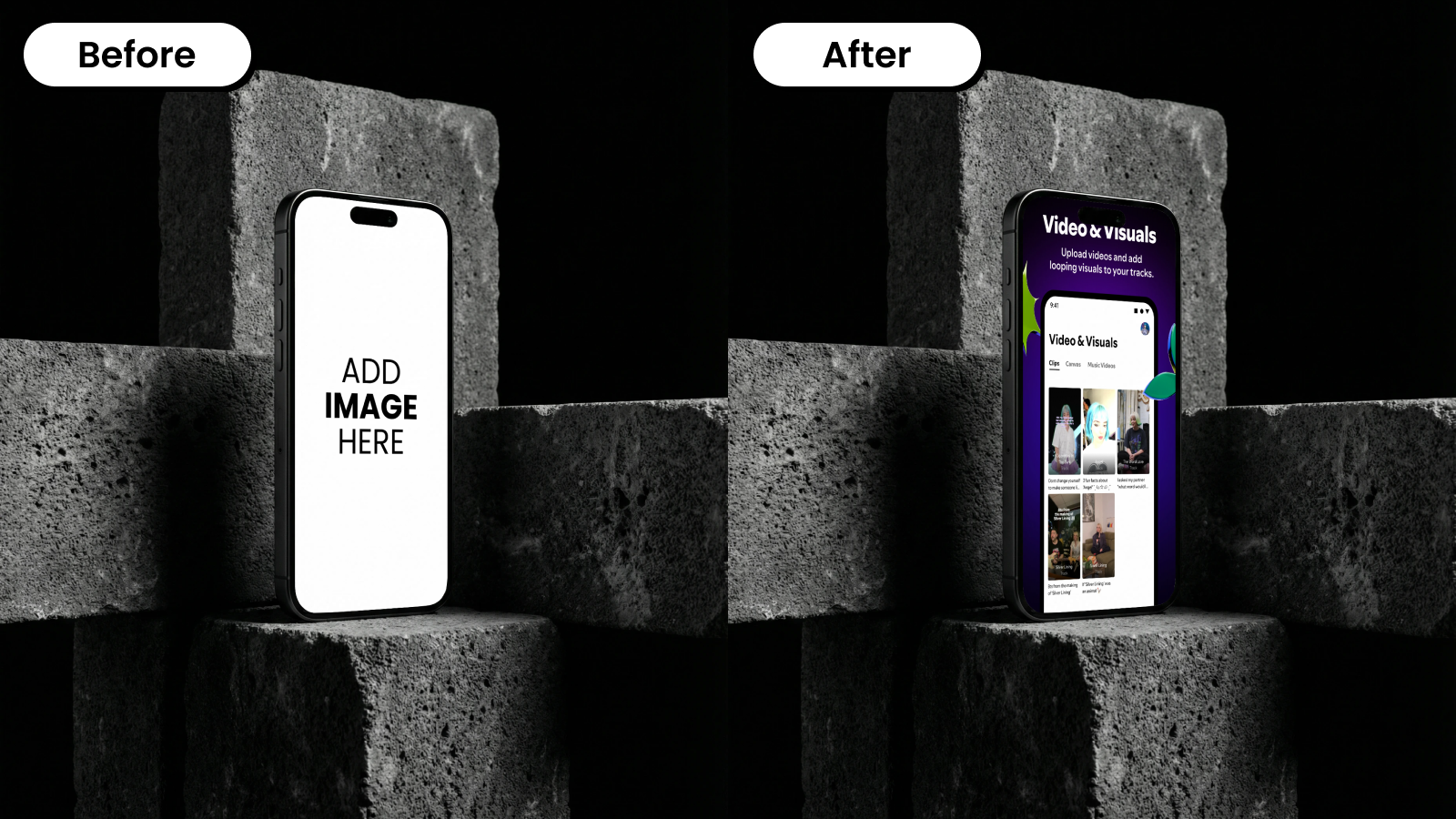  Before and after of an iPhone mockup standing among stacked concrete blocks in a dark setting